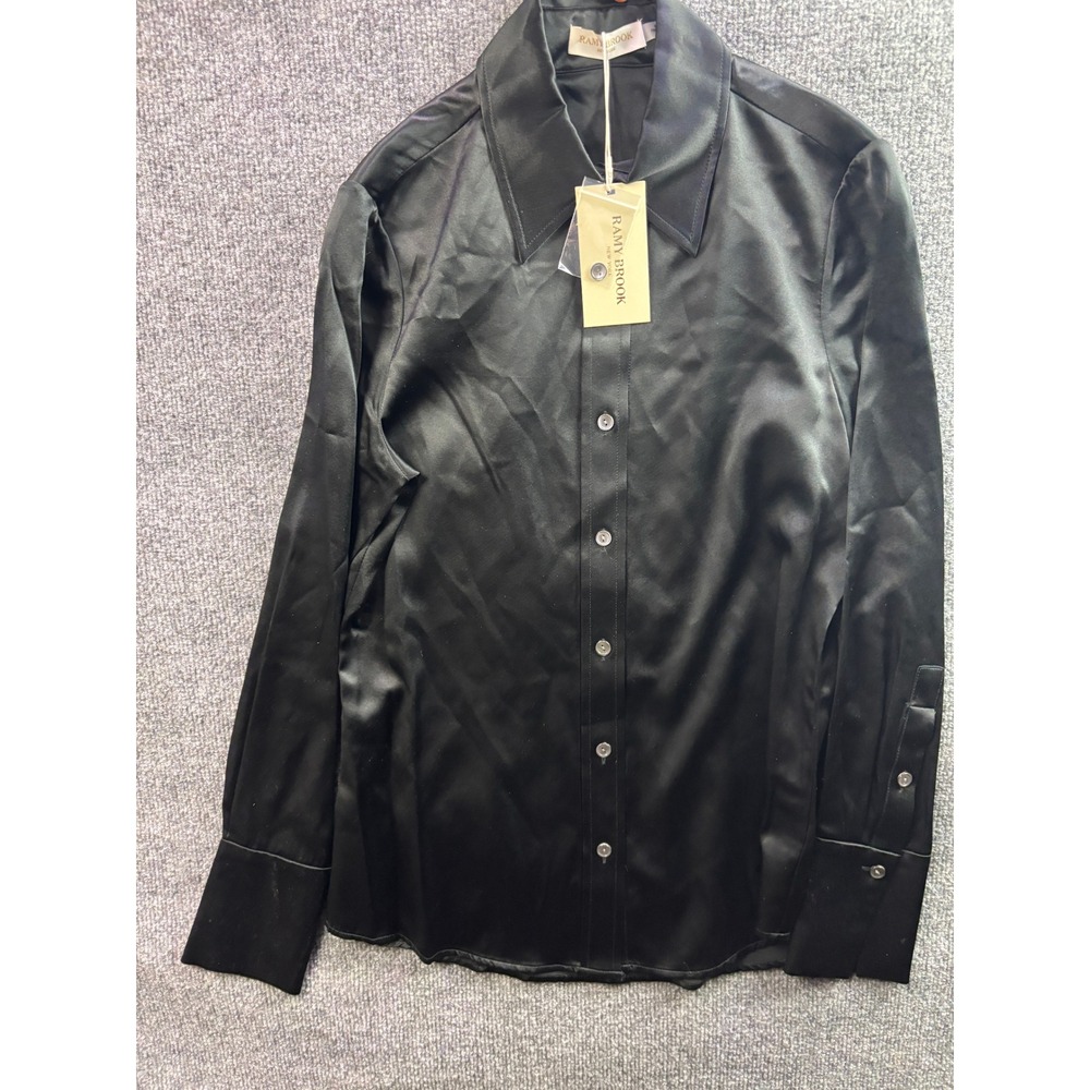 Ramy Brook Victoria Shirt Women XS Black Silk Blend Satin Button Down ($395)